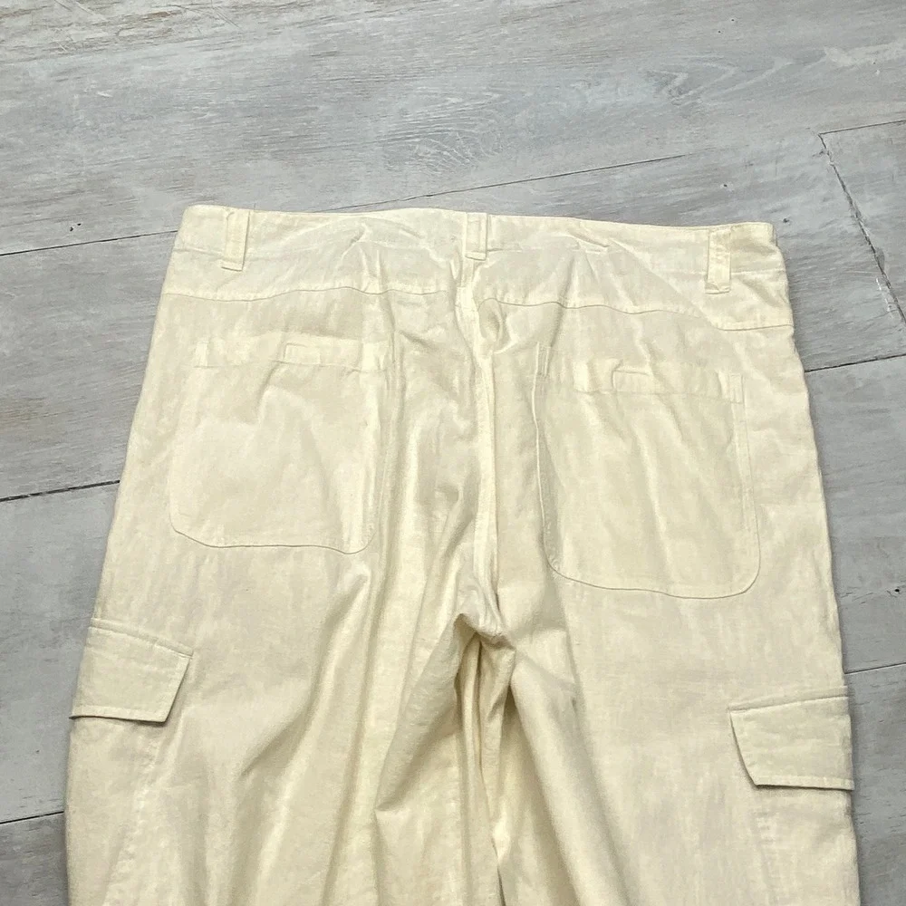 Koman Cargo Pants Mens XL Cream Linen Cotton Blend Wide Leg Relaxed Beach Pants